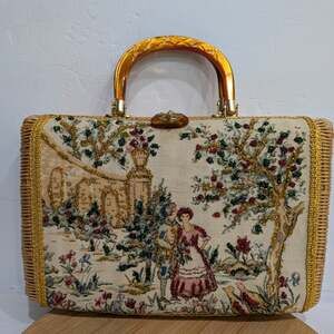Faye Mell Fleurette Miami Tapestry Wicker Box Purse Amber Lucite Handle Vintage